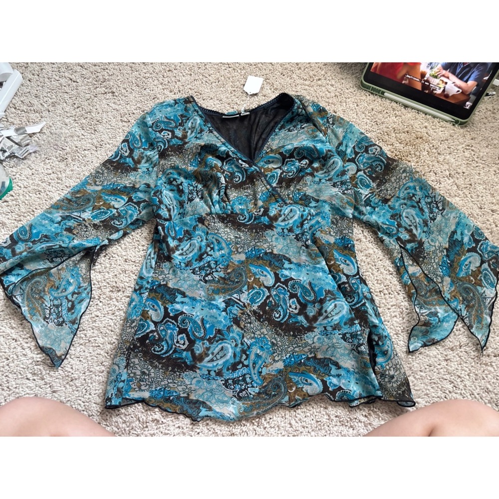 Vintage Y2K Mesh Top Paisley Bell Sleeve Blue Sheer Boho fairy fall 90s Retro